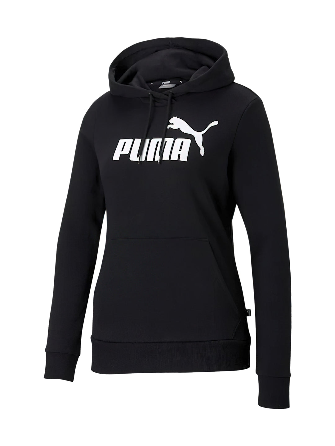 Mujer vistiendo una sudadera deportiva PUMA de color negro con logotipo blanco en el pecho y capucha.