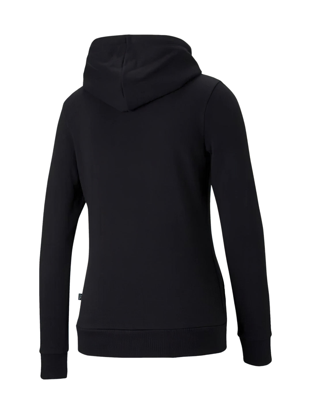 Mujer vistiendo una sudadera deportiva PUMA de color negro con logotipo blanco en el pecho y capucha.