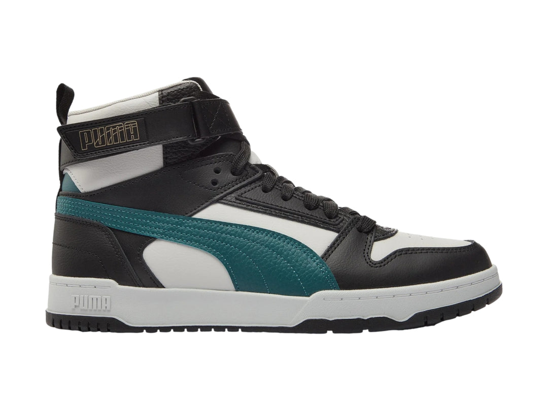 Tenis PUMA de corte alto en colores negro, blanco y verde malachite.