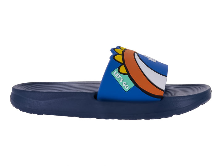 Sandalia slide azul marino con correa multicolor y detalle de texto &
