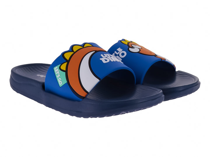 Sandalia slide azul marino con correa multicolor y detalle de texto &