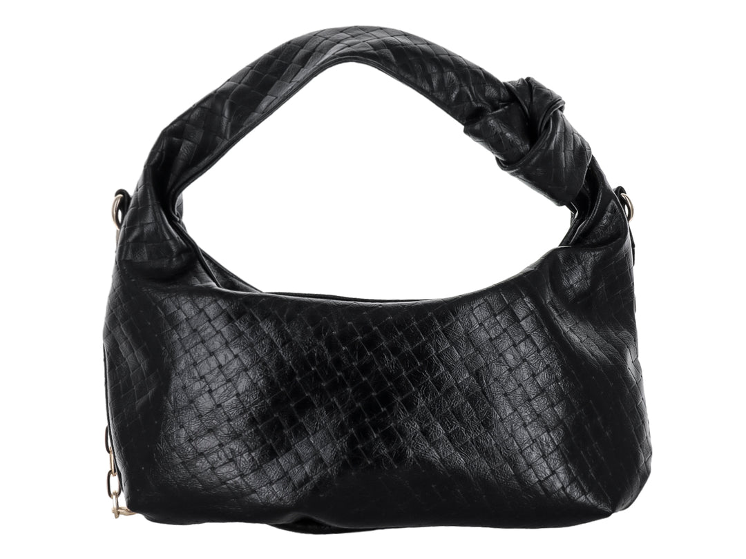 Bolsa de hombro Ferretina color negro con textura rugosa y asa superior con detalle de nudo.