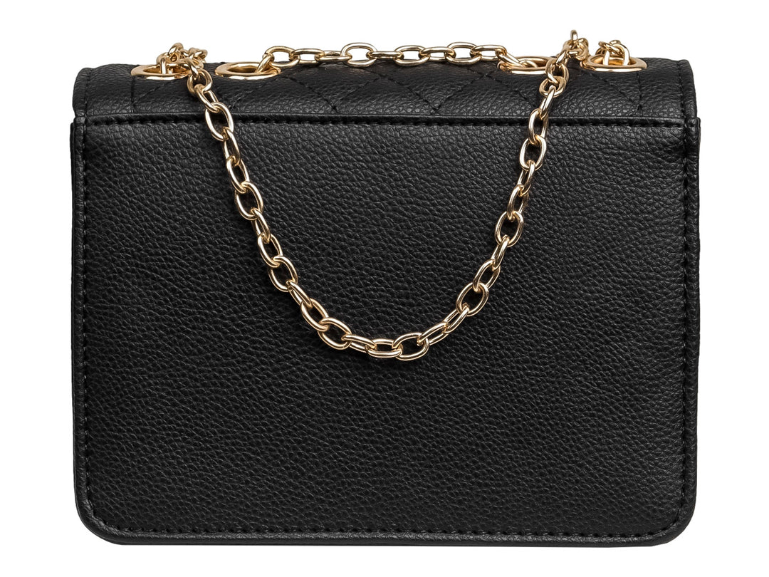 Bolso de hombro negro con textura acolchada, detalles y cadena en color dorado y cierre frontal.