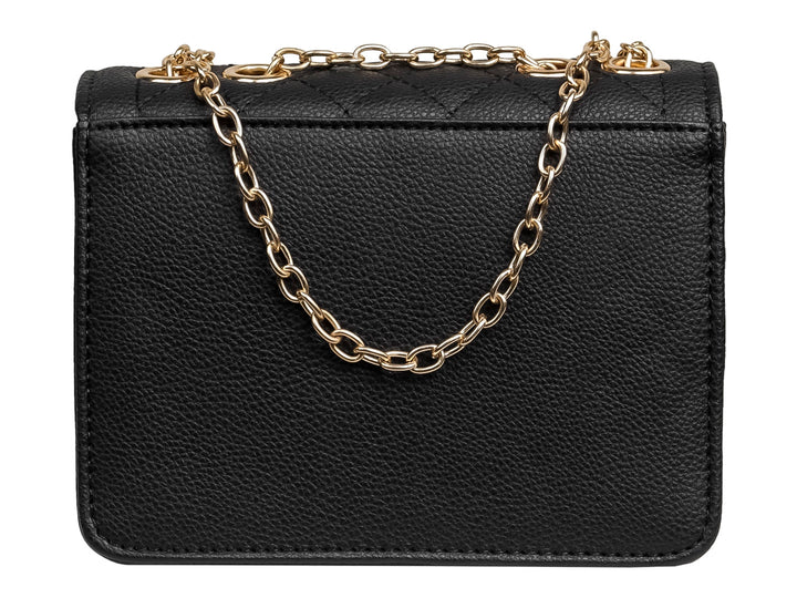 Bolso de hombro negro con textura acolchada, detalles y cadena en color dorado y cierre frontal.