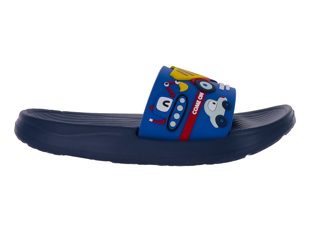 Sandalia azul marino para niño con diseño de carritos coloridos en la banda superior.