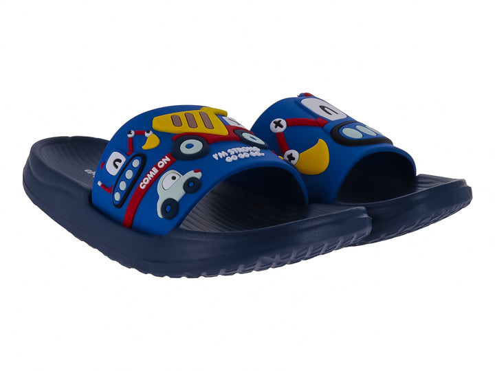Sandalia azul marino para niño con diseño de carritos coloridos en la banda superior.