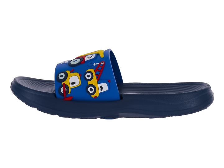 Sandalia azul marino para niño con diseño de carritos coloridos en la banda superior.