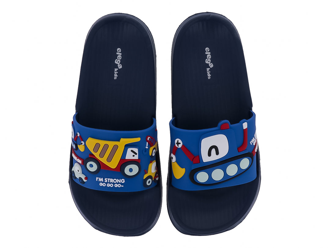 Sandalia azul marino para niño con diseño de carritos coloridos en la banda superior.