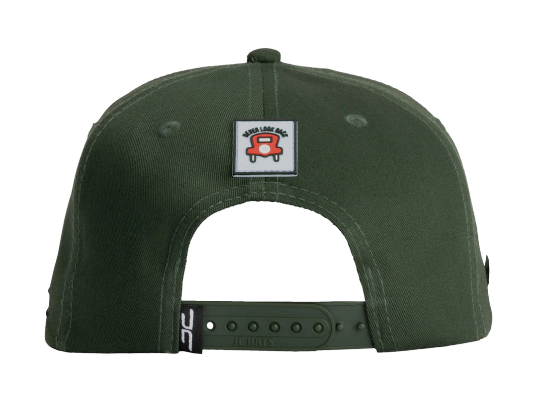 Gorra snapback color verde oscuro con diseño gráfico frontal de manos sosteniendo billetes.