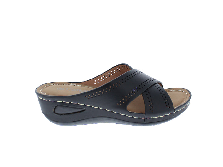 Sandalia negra para mujer con tiras cruzadas perforadas y costuras blancas decorativas en la suela.