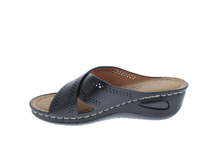 Sandalia negra para mujer con tiras cruzadas perforadas y costuras blancas decorativas en la suela.