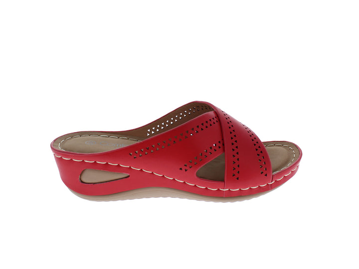 Sandalia roja para mujer con detalles perforados y costuras blancas decorativas en la suela.