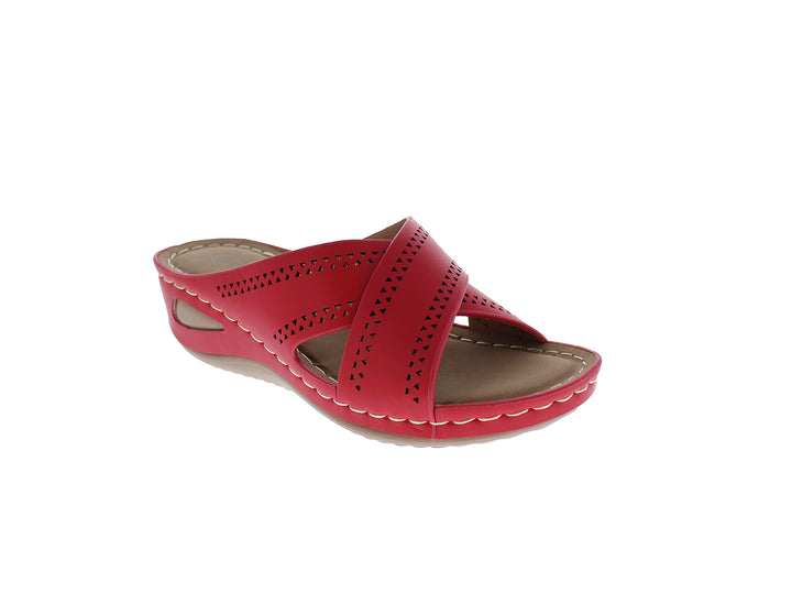Sandalia roja para mujer con detalles perforados y costuras blancas decorativas en la suela.