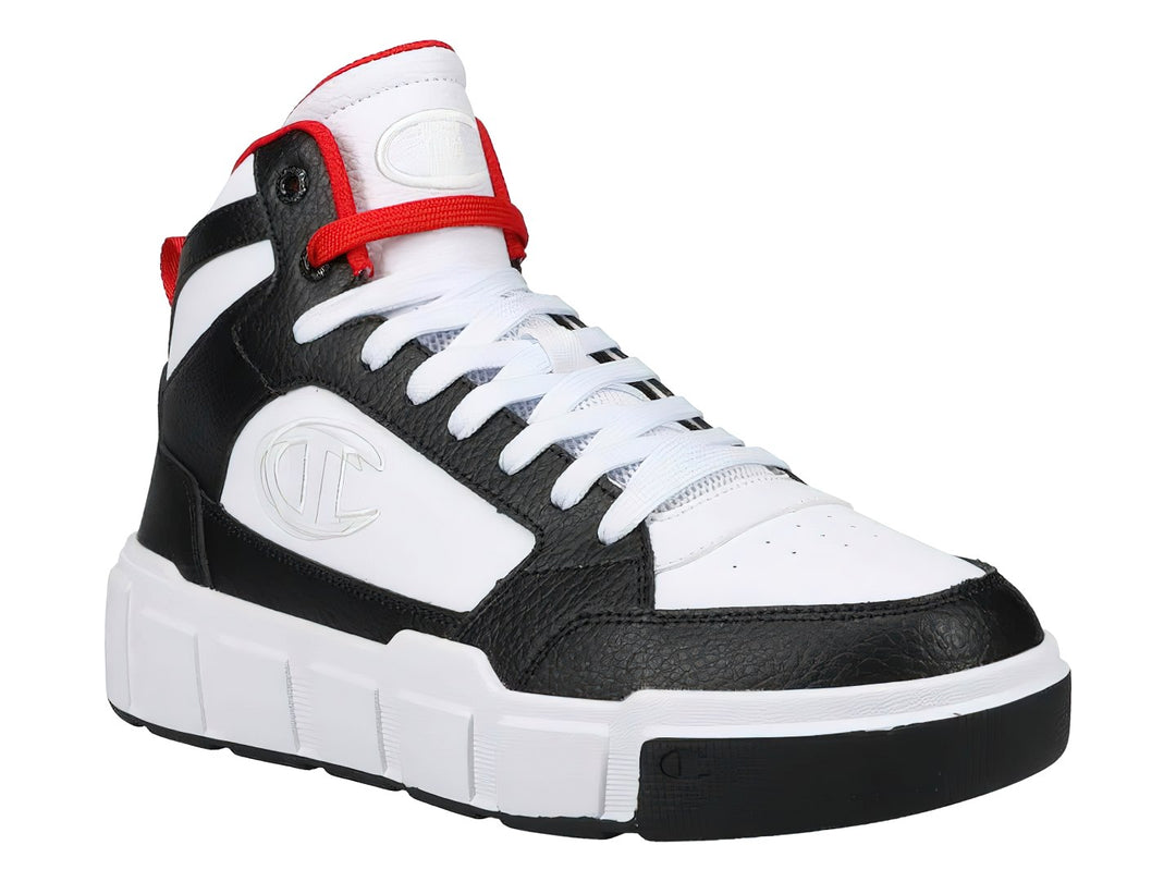 Tenis Champion de bota alta en colores blanco, negro y rojo con suela blanca gruesa.