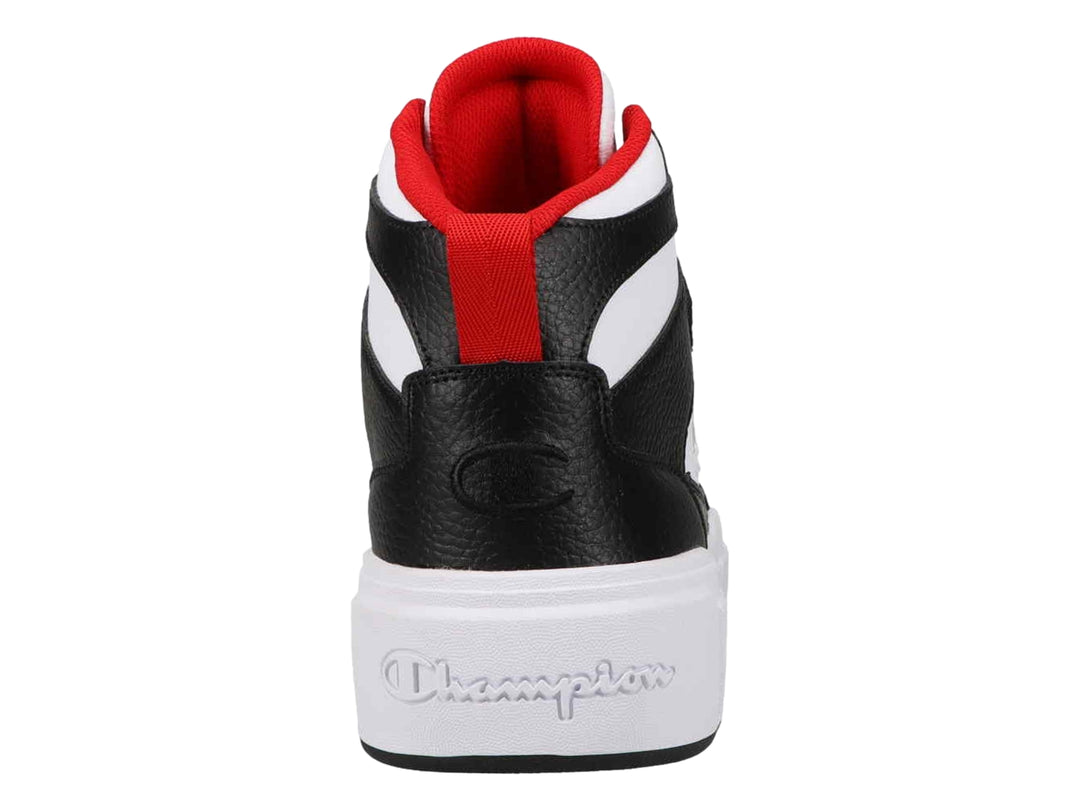 Tenis Champion de bota alta en colores blanco, negro y rojo con suela blanca gruesa.