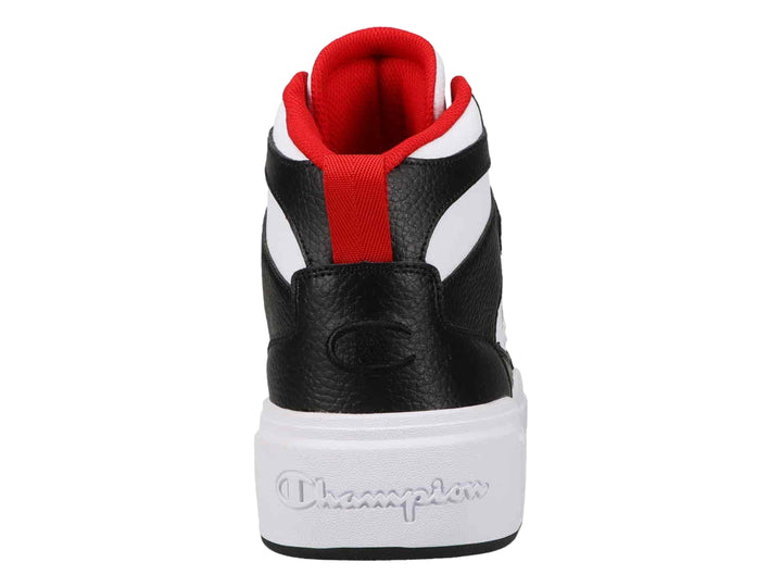 Tenis Champion de bota alta en colores blanco, negro y rojo con suela blanca gruesa.