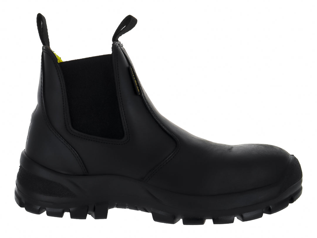 Botín Duty Gear color negro, estilo slip-on con suela robusta y tiradores laterales.