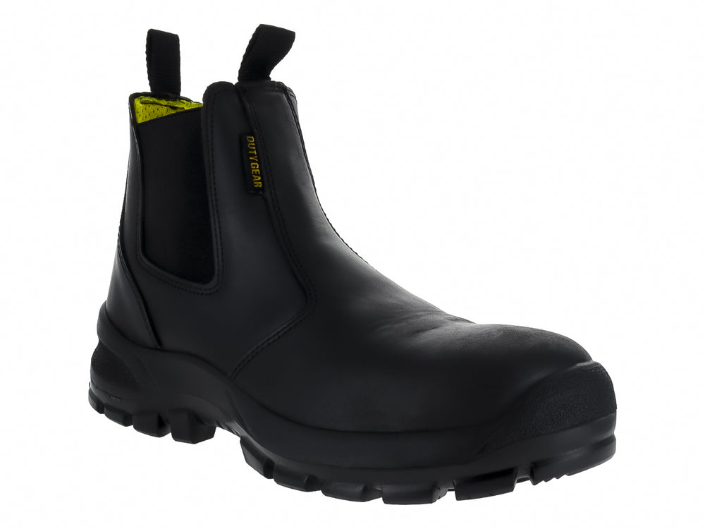 Botín Duty Gear color negro, estilo slip-on con suela robusta y tiradores laterales.