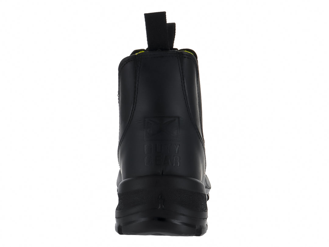 Botín Duty Gear color negro, estilo slip-on con suela robusta y tiradores laterales.
