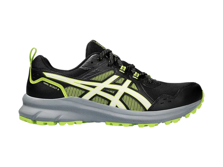 Tenis deportivos ASICS Trail Scout color negro con detalles en verde lima y suela gris.