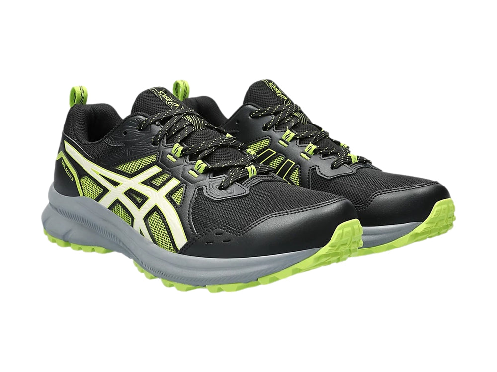 Tenis deportivos ASICS Trail Scout color negro con detalles en verde lima y suela gris.