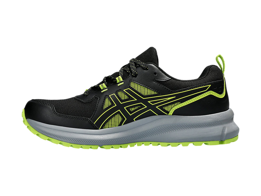 Tenis deportivos ASICS Trail Scout color negro con detalles en verde lima y suela gris.