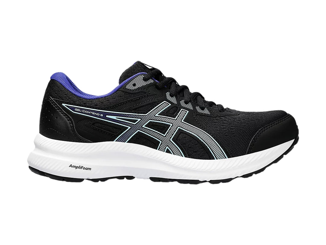 Tenis deportivos ASICS Gel-Contend 8 en color negro con detalles en azul y suela blanca.