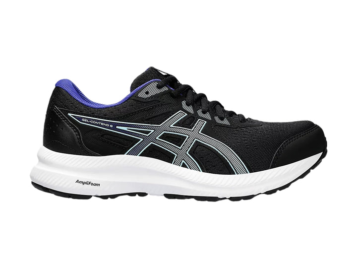 Tenis deportivos ASICS Gel-Contend 8 en color negro con detalles en azul y suela blanca.