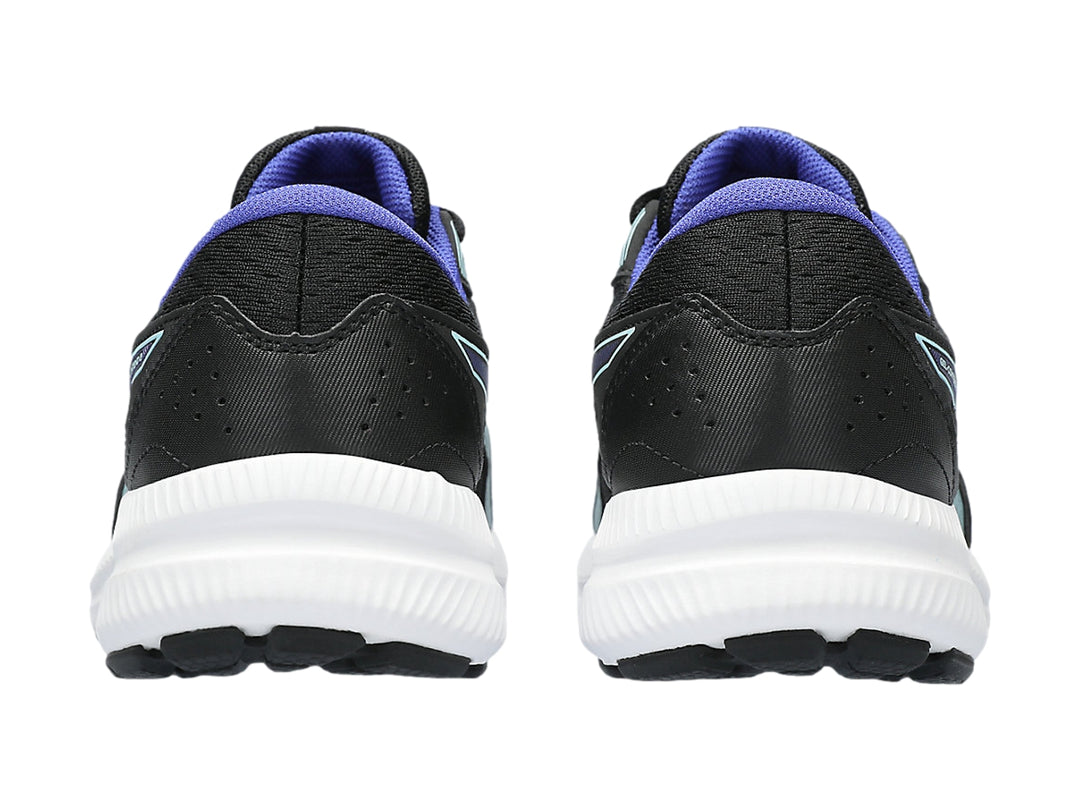 Tenis deportivos ASICS Gel-Contend 8 en color negro con detalles en azul y suela blanca.