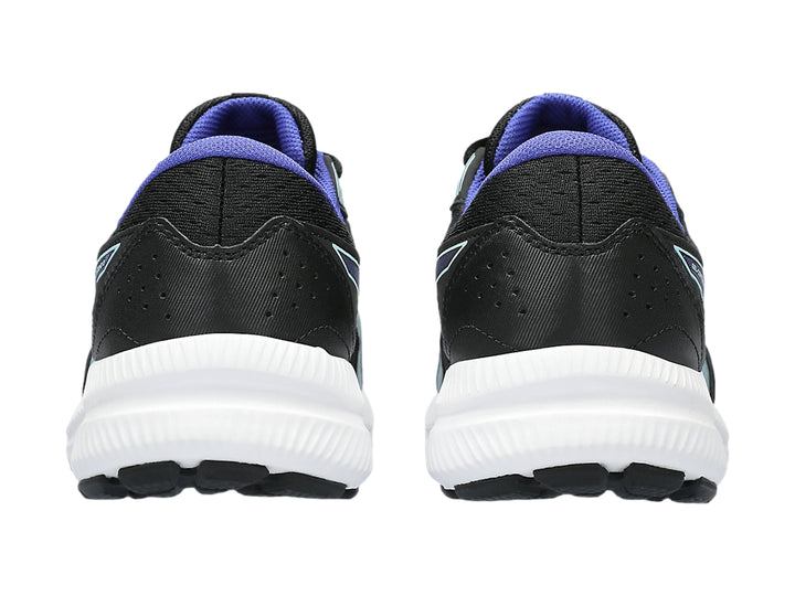 Tenis deportivos ASICS Gel-Contend 8 en color negro con detalles en azul y suela blanca.