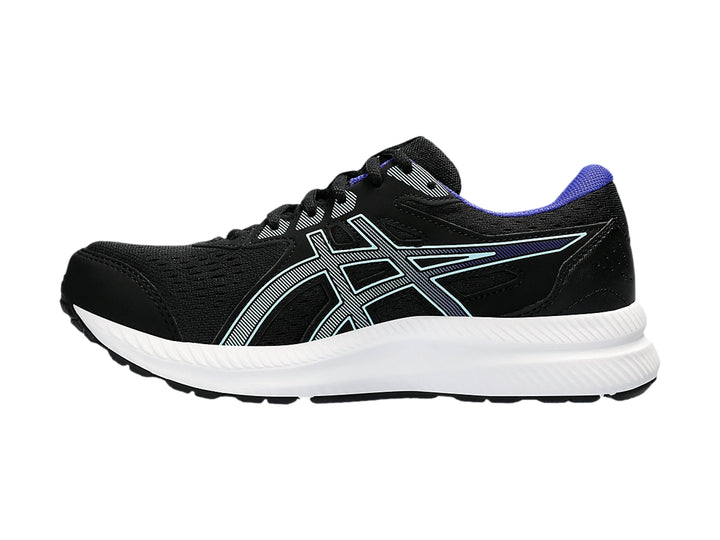 Tenis deportivos ASICS Gel-Contend 8 en color negro con detalles en azul y suela blanca.
