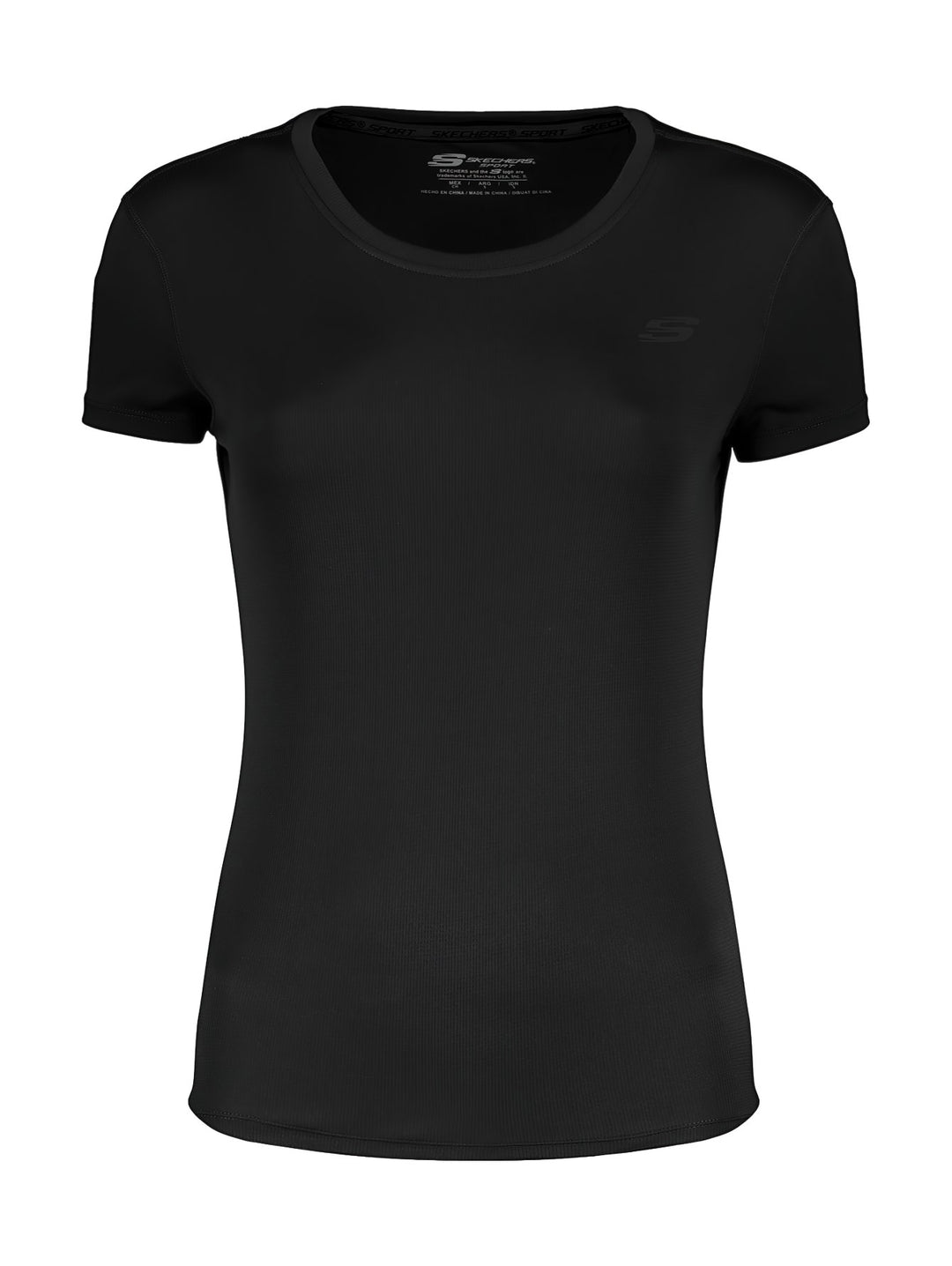 Playera deportiva de manga corta y cuello redondo en color negro para mujer de la marca Skechers.