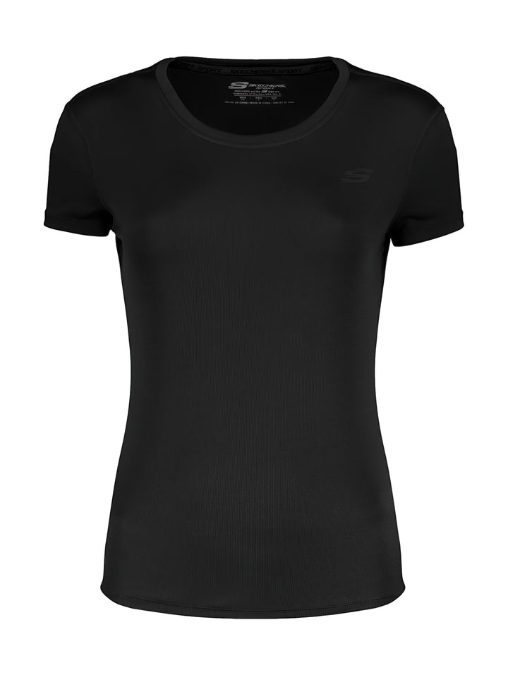 Playera deportiva de manga corta y cuello redondo en color negro para mujer de la marca Skechers.
