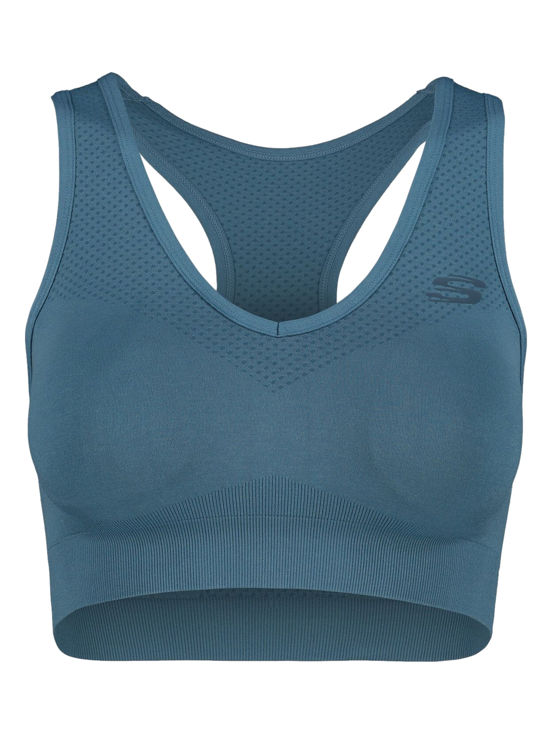 Conjunto deportivo azul de Skechers compuesto por un top corto y shorts ajustados para mujer.