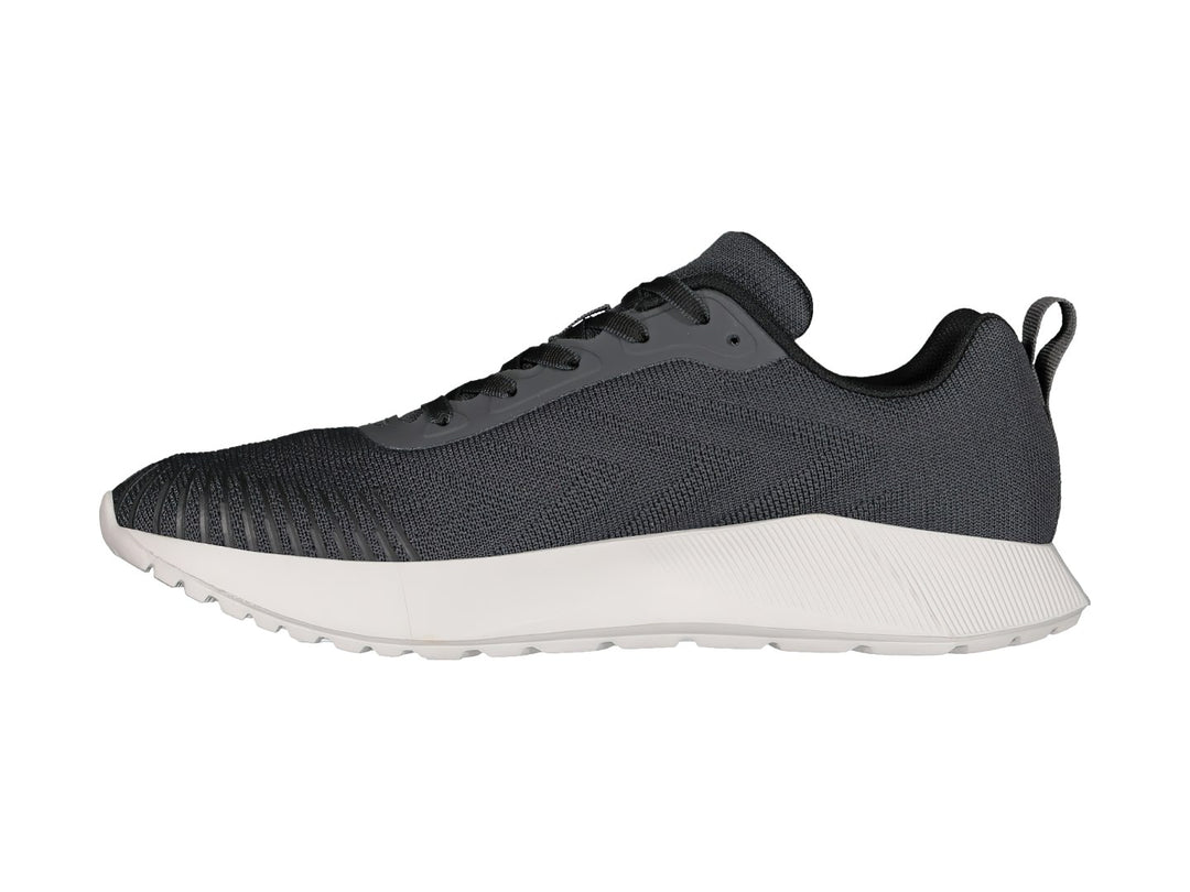 Tenis deportivos Charly color gris oxford con suela blanca y tejido de malla.