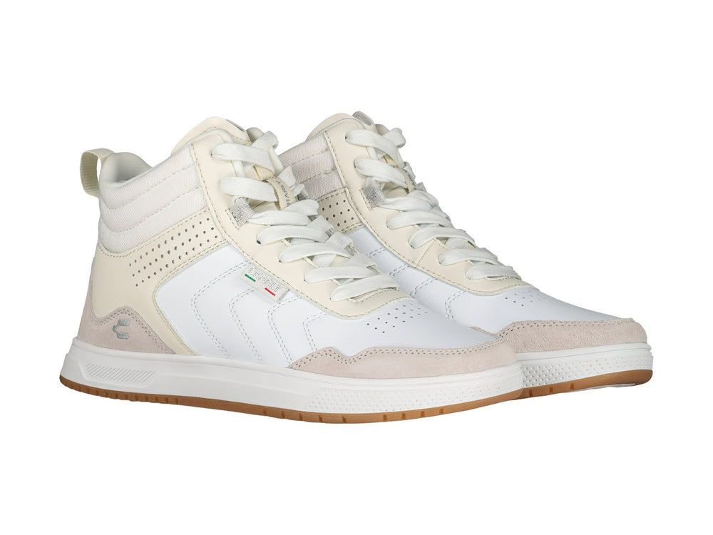 Tenis deportivos Charly color blanco y beige con suela color caramelo.