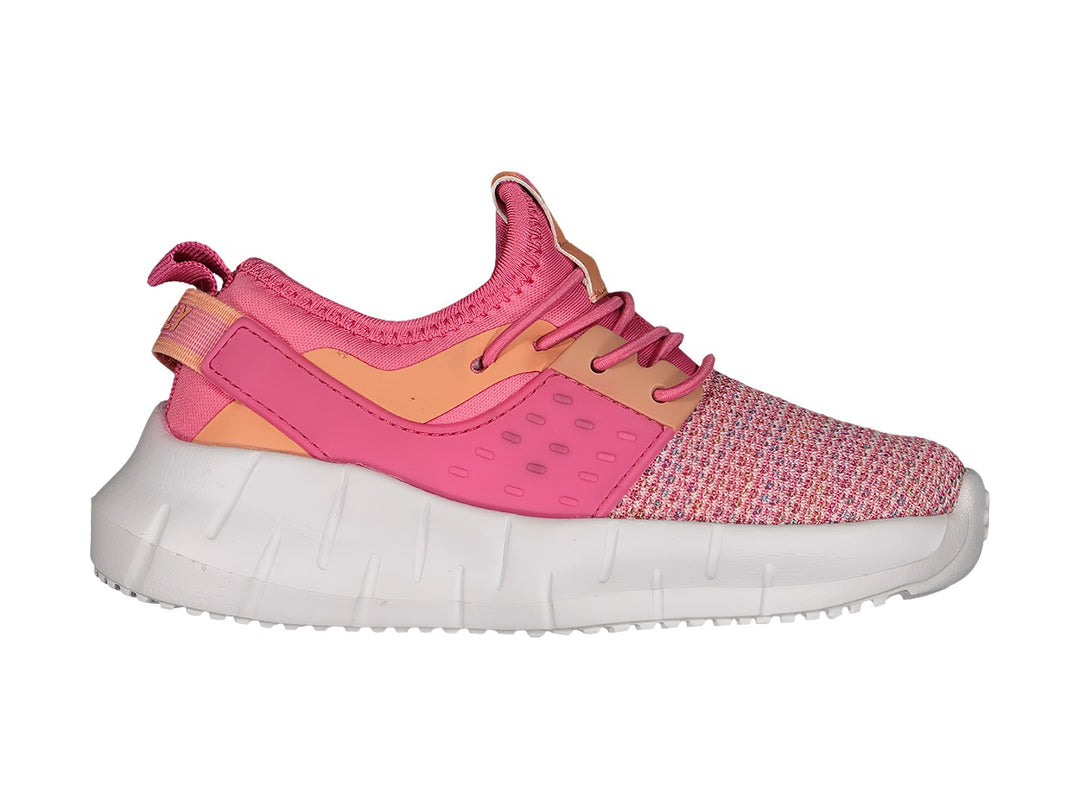 Tenis deportivos Charly color fiusha con detalles en naranja y suela blanca gruesa.