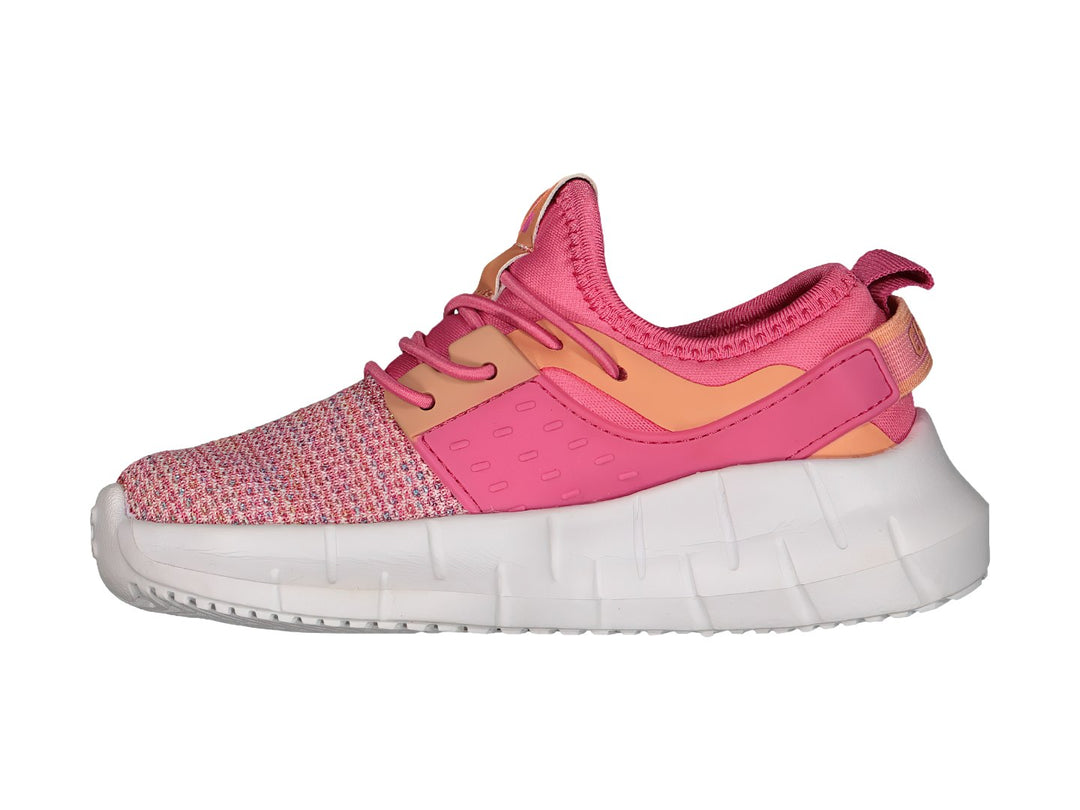 Tenis deportivos Charly color fiusha con detalles en naranja y suela blanca gruesa.