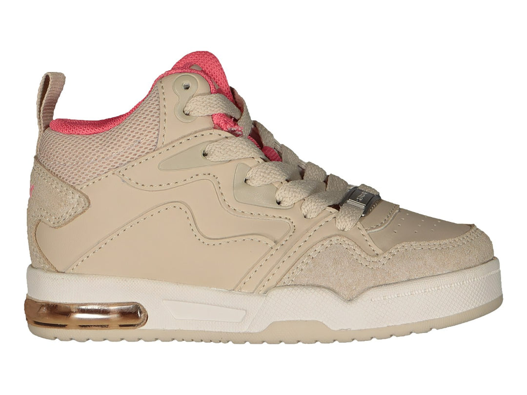Tenis deportivos Charly color beige con interior rosa y cámara de aire en el talón.
