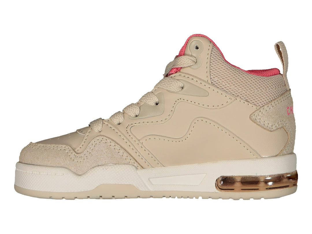 Tenis deportivos Charly color beige con interior rosa y cámara de aire en el talón.