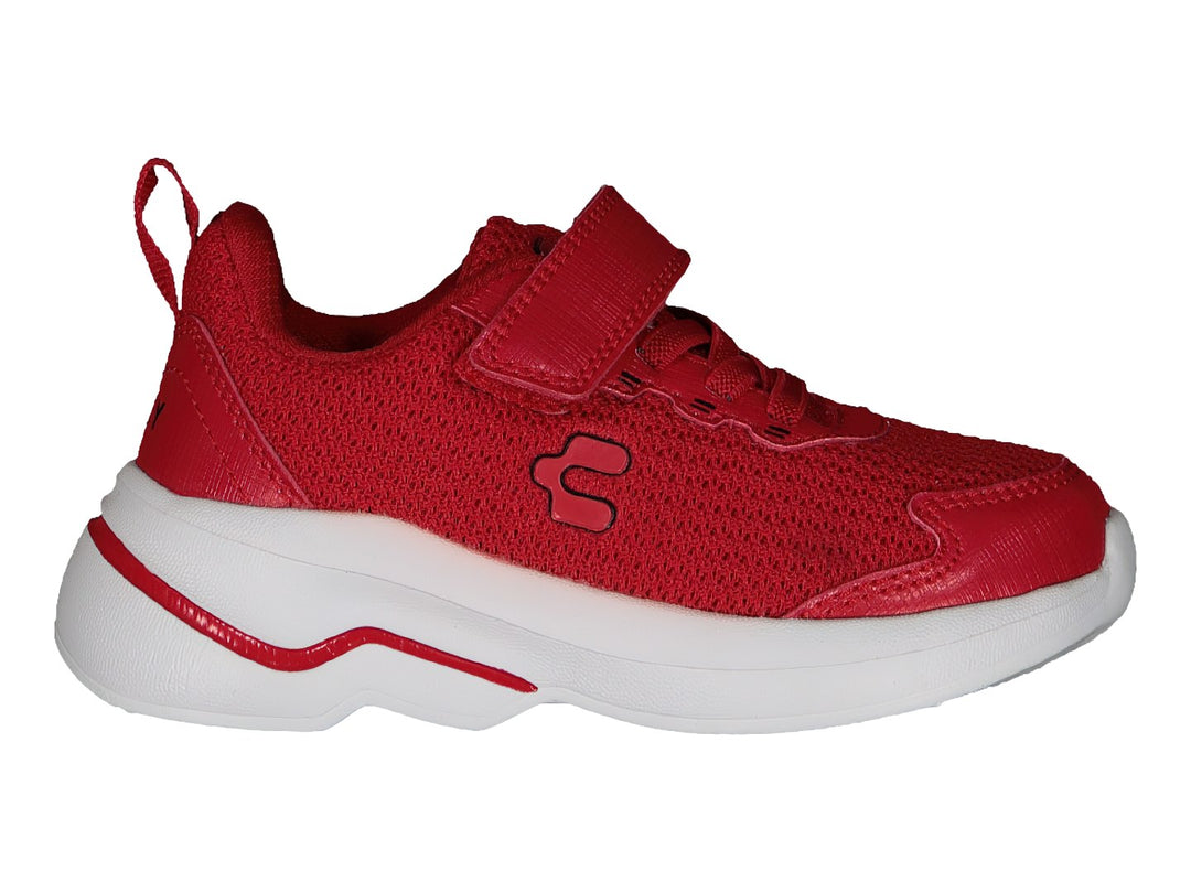 Tenis deportivos Charly color rojo con suela blanca y cierre de velcro para niños.
