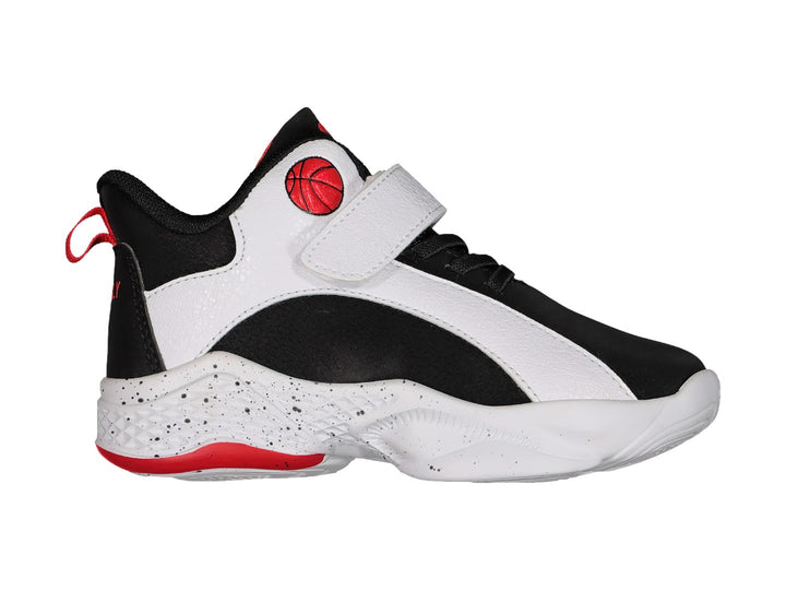 Tenis de baloncesto Charly en colores negro, blanco y rojo con correa de ajuste y suela moteada.