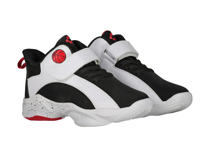 Tenis de baloncesto Charly en colores negro, blanco y rojo con correa de ajuste y suela moteada.