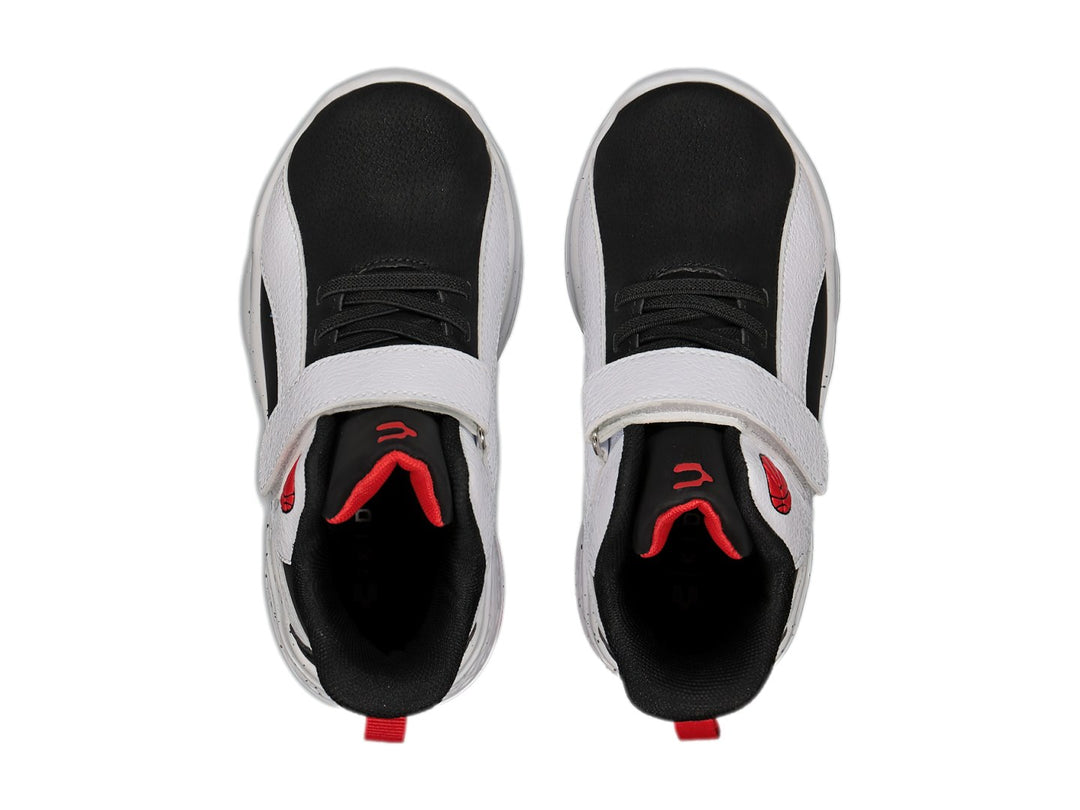 Tenis de baloncesto Charly en colores negro, blanco y rojo con correa de ajuste y suela moteada.