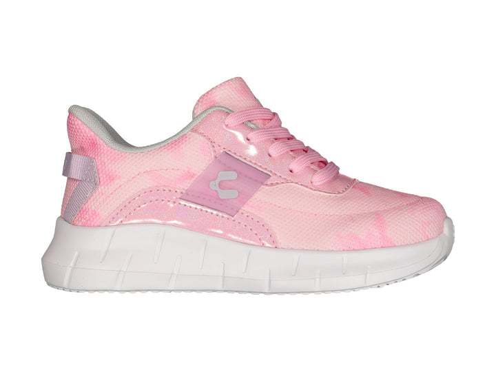 Tenis deportivos para niña de color rosa con suela blanca y detalles brillantes de la marca Charly.