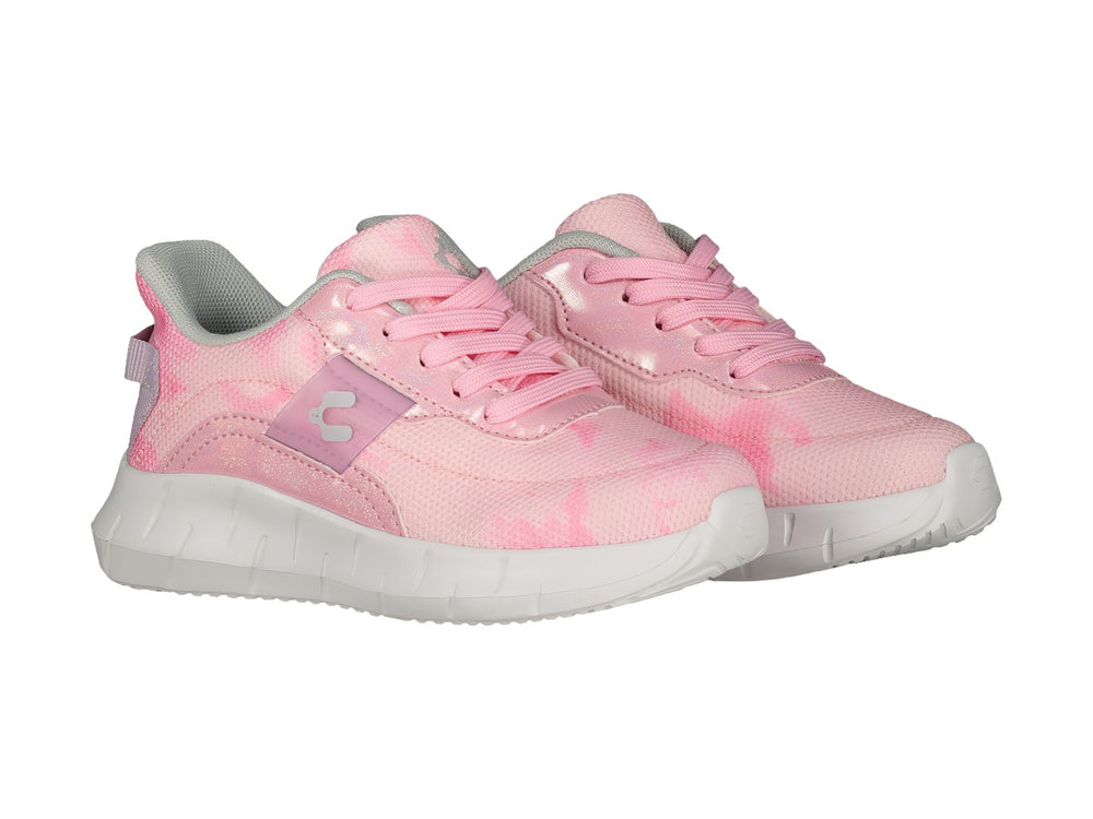 Tenis deportivos para niña de color rosa con suela blanca y detalles brillantes de la marca Charly.
