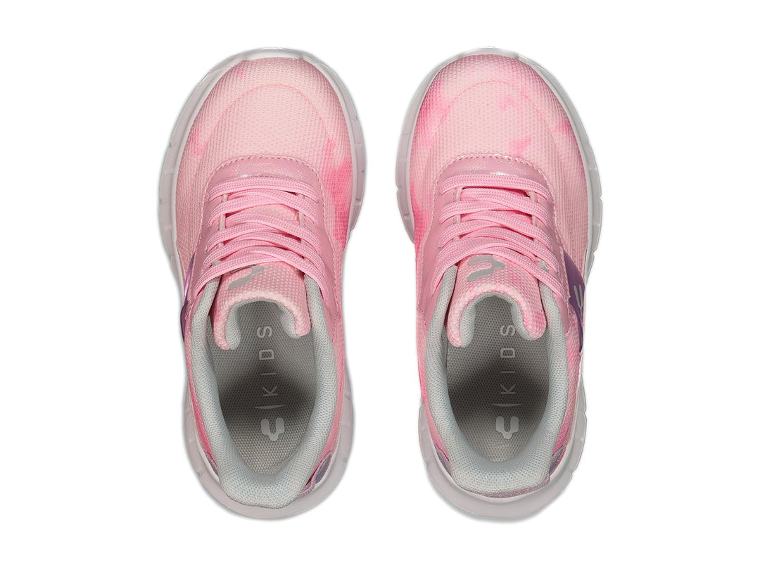 Tenis deportivos para niña de color rosa con suela blanca y detalles brillantes de la marca Charly.