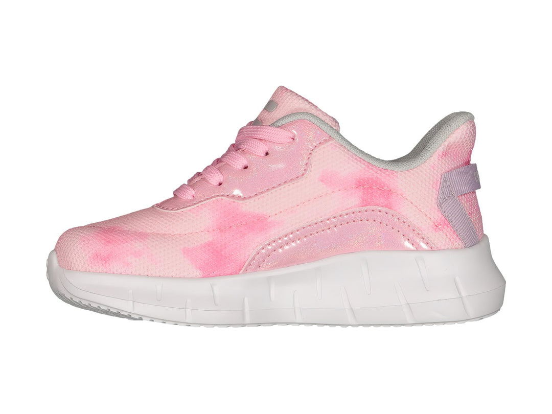 Tenis deportivos para niña de color rosa con suela blanca y detalles brillantes de la marca Charly.