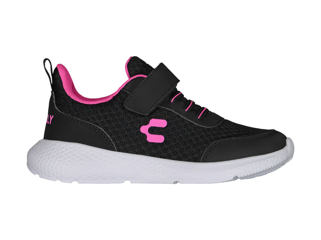 Tenis deportivos Charly color negro con suela blanca y detalles en rosa, cierre de velcro.