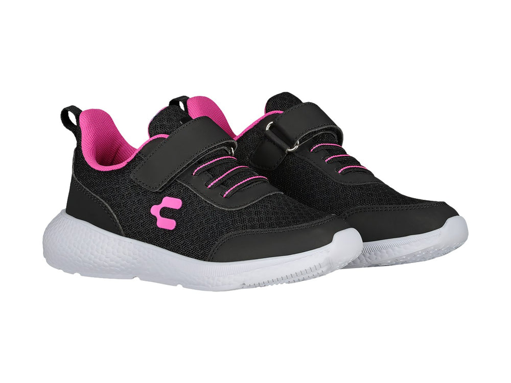 Tenis deportivos Charly color negro con suela blanca y detalles en rosa, cierre de velcro.